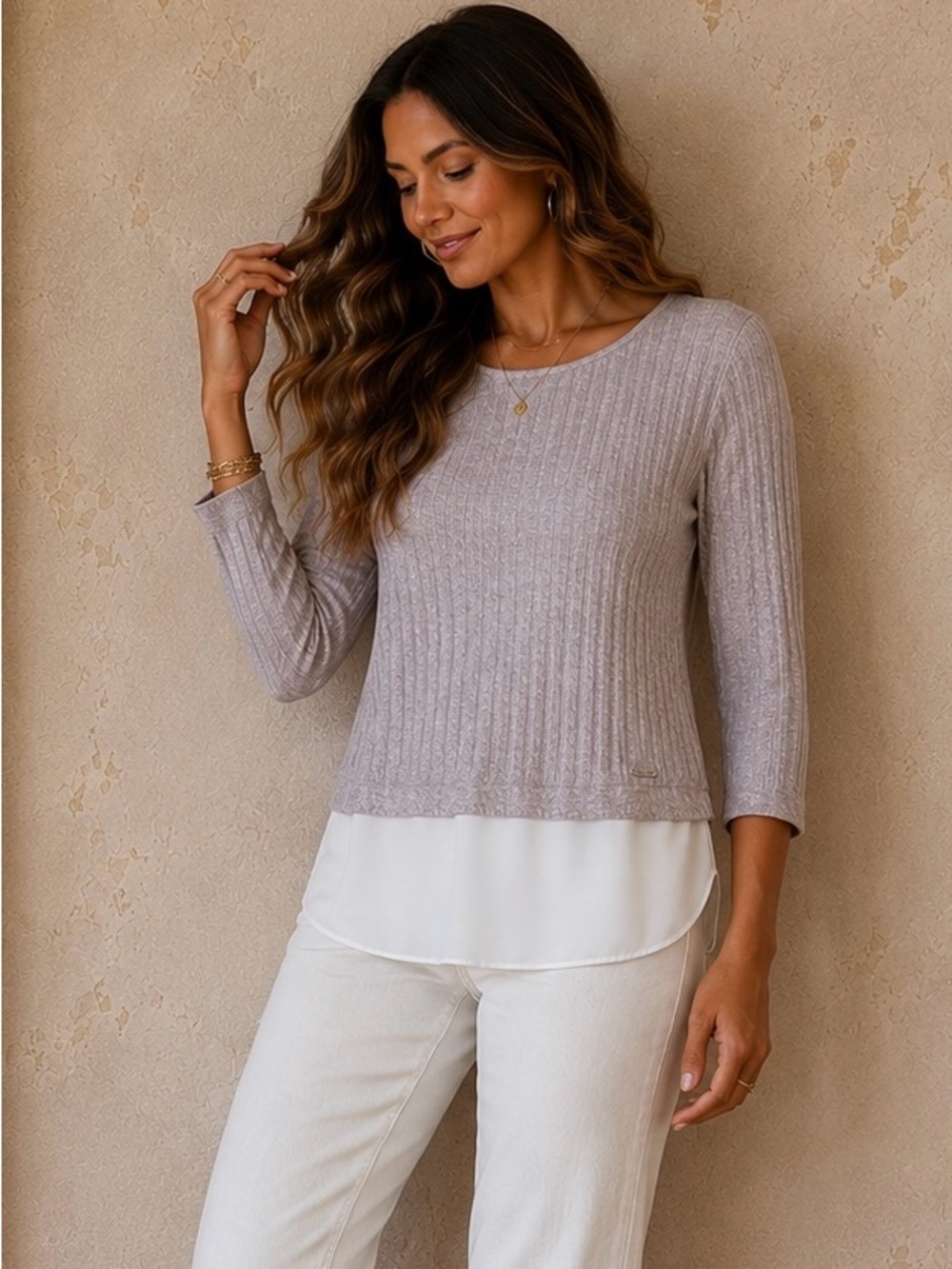 Taupe & Cream Ribbed Crewneck Sweater  Faux Layered Hem Ivanka Trump Medium